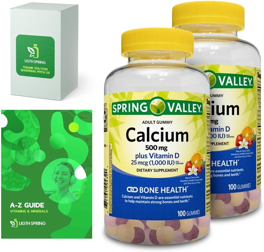 Calcium Plus Vitamin D, Adult Gummies, 500mg, 1000 IU, Assorted Flavors, 100 Ct (2 Pack) Bundle with Exclusive Vitamins & Minerals - A to Z - Better Light&Spring Guide (3 Items)