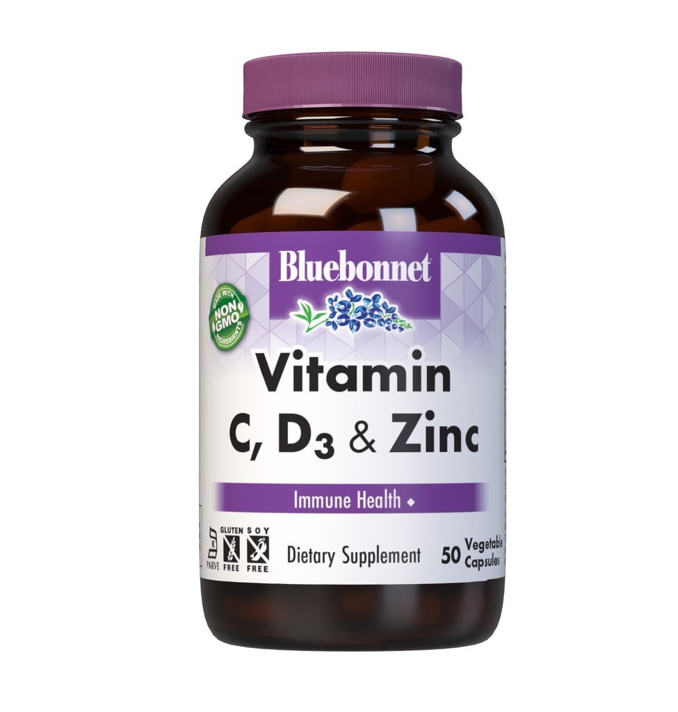 BlueBonnet Nutrition Vitamin C, D3 & Zinc, Immune Health*, Non-GMO, Kosher Certified, Gluten-Free, Soy-Free, Dairy-Free, 50 Vegetable Capsules, 50 Servings