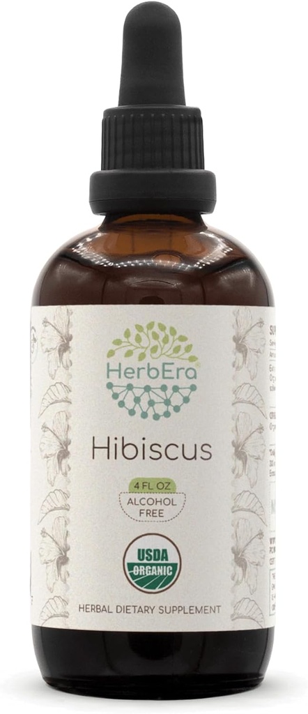 HerbEra Hibiscus B120 USDA Organic Tincture Name 124; Alkohol- Free Extract, High- Potency Herbal Drops # 124; Certified Organic Hibiscus Sabdariffa Tørret blomst (4 oz)