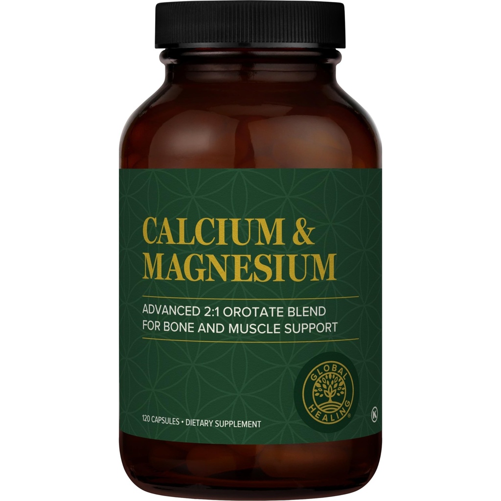 Global Healing Calcium og Magnesium Orotation - Knoglestyrke supplement til kvinder og mænd - Hjælper støtte stærke tænder og hjerte-kar-sundhed for normal muskelfunktion - 120 kapsler