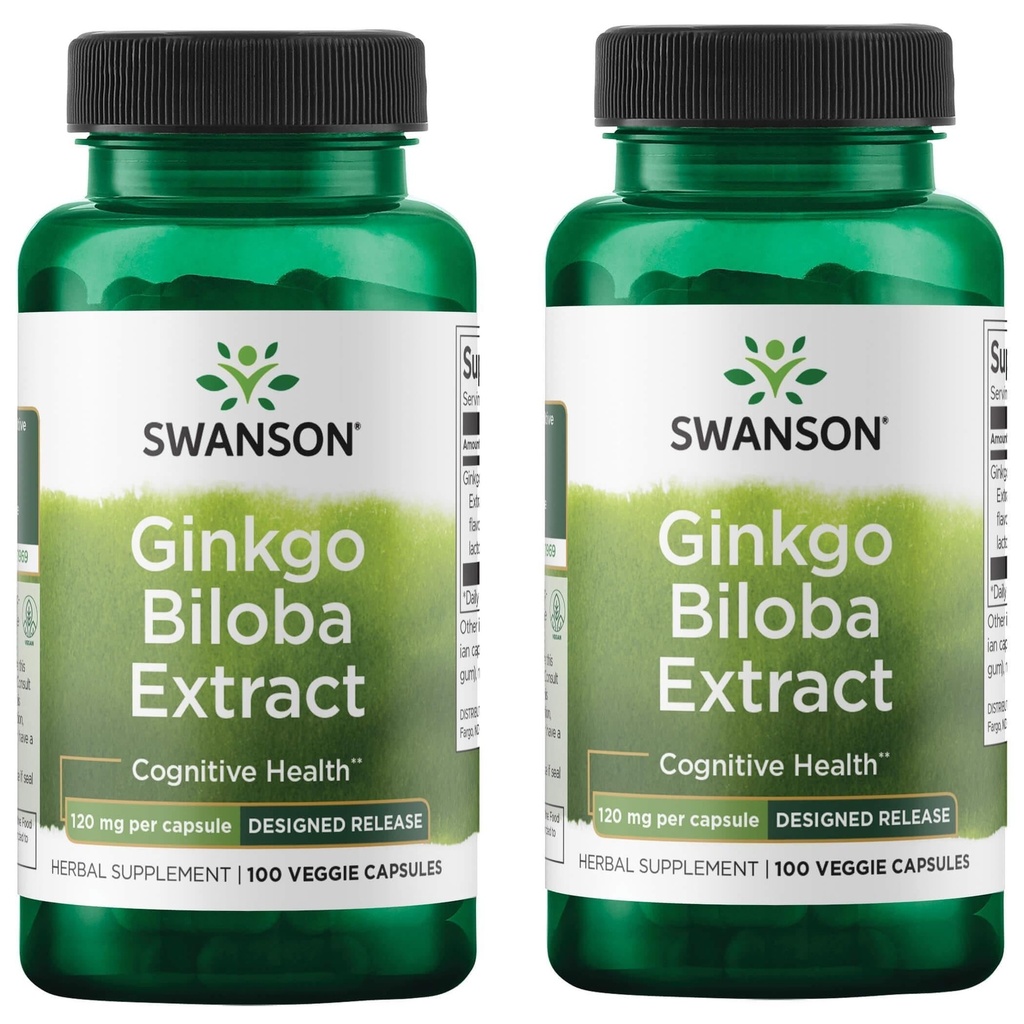 Swanson Ginkgo Biloba Extract Standardized Delayed- Release Memory Brain Cognitive Function Health Supplement 120 mg (24% flavonglycosider, 6% terpenlactoner) 100 Veggie drcaps (2 Pack)