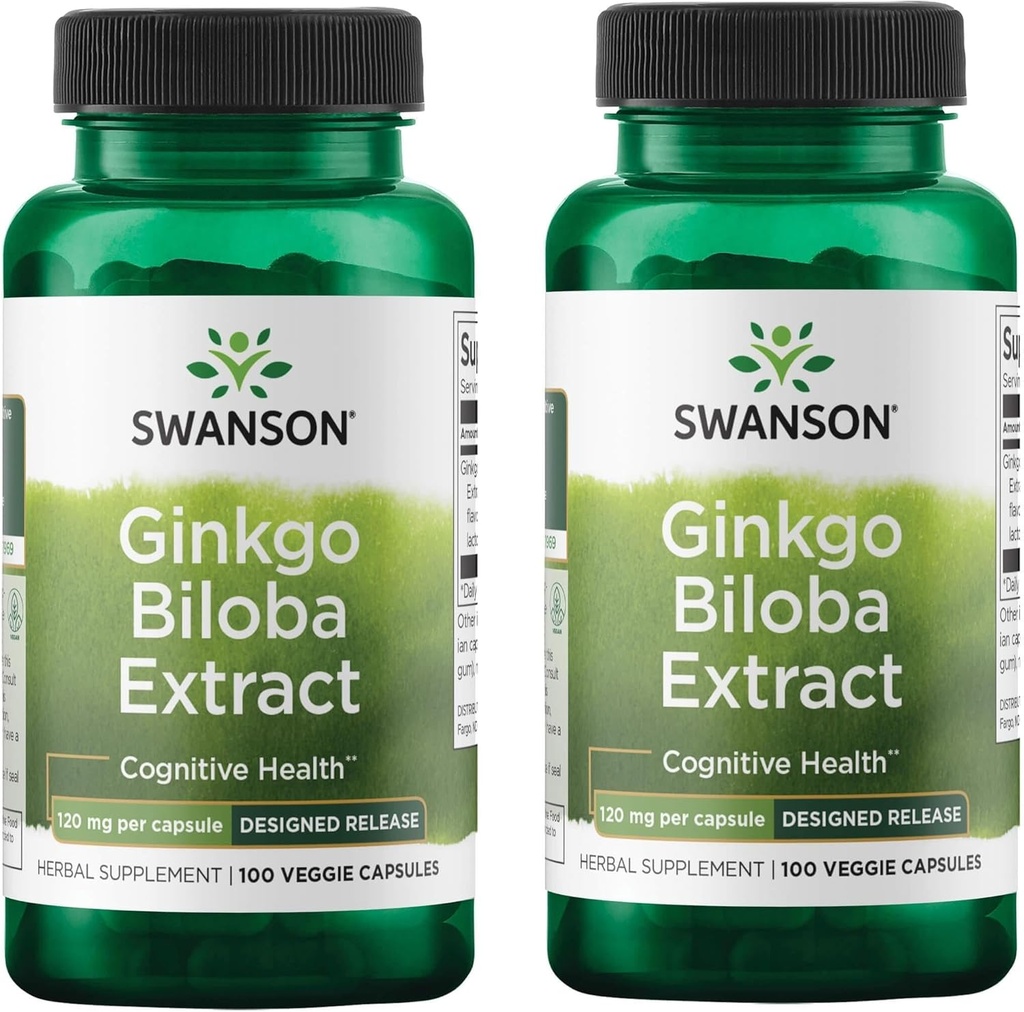 Swanson Ginkgo Biloba Extract Standardized Delayed- Release Memory Brain Cognitive Function Health Supplement 120 mg (24% flavonglycosider, 6% terpenlactoner) 100 Veggie drcaps (2 Pack)