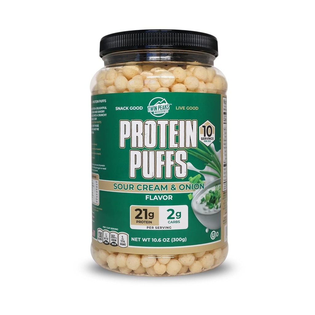 Twin Peaks Protein Puffs - (Sour Cream & Onion), Keto Friendly, Low Carb Snack (300g, 21g Protein, 2g Net Carbs, High Protein, Sund Crunchy Snack)