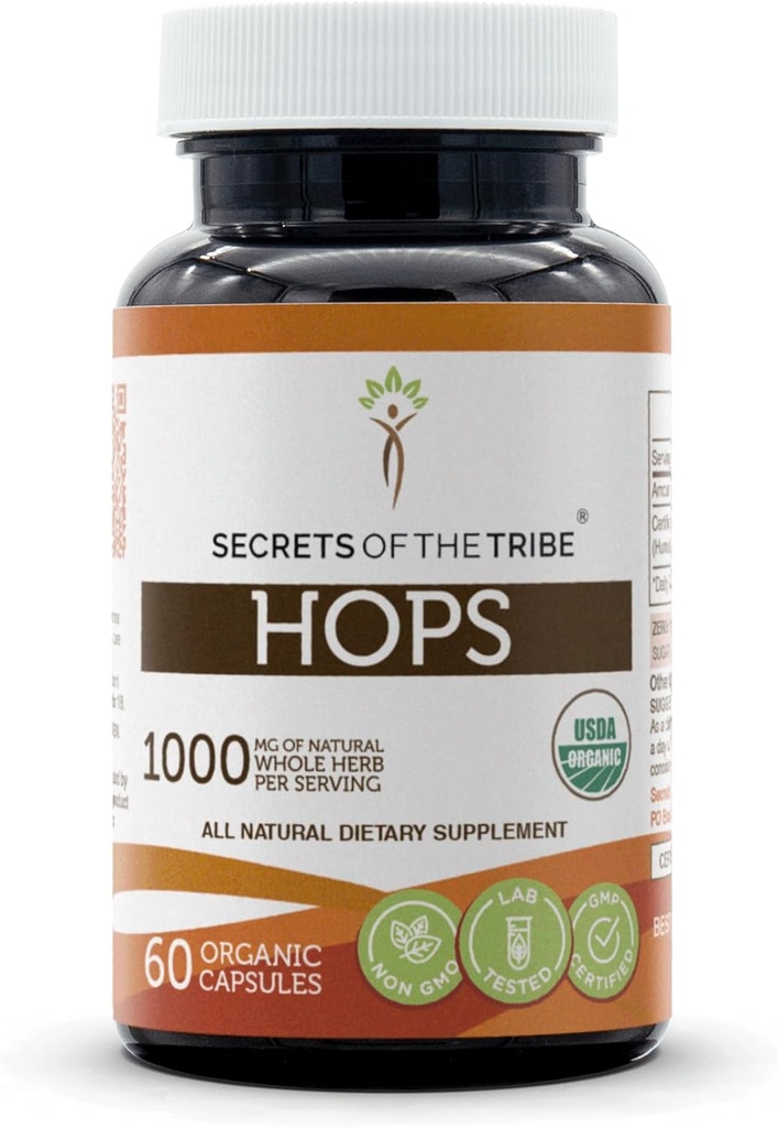 Hemmeligheder i Tribe Humle USDA Organic Capsules Depoter 124; Certified Organic Vegetarian Capsules, Herbal Kosttilskud 124; Humulus lupulus Tørret blomst (60 Greve)