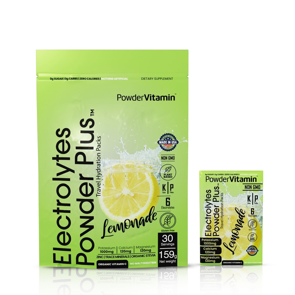 PowderVitamin Electrolytes Powder Plus, Keto, Lemonade, Zero Sugar, 1000mg Kalium, 120mg Calcium, 120mg Magnesium, Non- GMO, Zero Calories, 30 Hydrationspakker