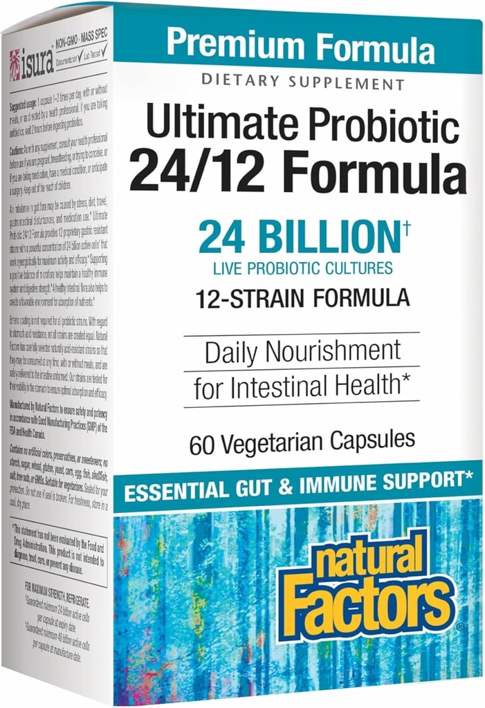 Naturlige faktorer Ultimate Probiotic 24 / 12 Formel - fordøjelsessygdomme Support med Probiotika - Immunitet & Gut Health Support Supplement - 60 vegetariske kapsler (60 Servere)