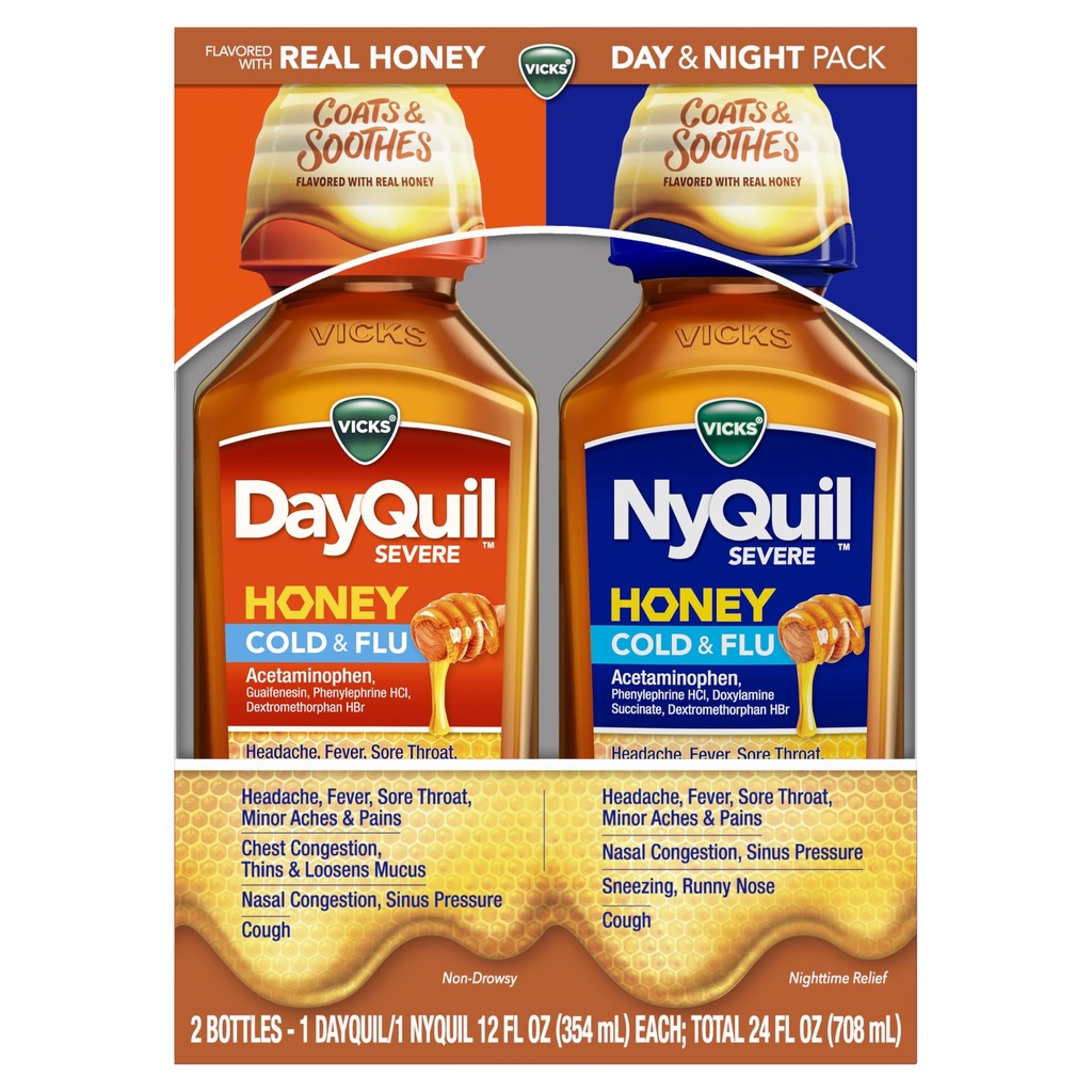 VICKS DayQuil & NyQuil SEVERE Honey Flavor Co- Pack, Cold & Flu Medicin, Relieves Hovedpine, Fever, Sore Hals, Minor Aches & Pains, Nasal Congestion, Sinus Tryk, Stuffy Næse, og Hough, 2x12oz