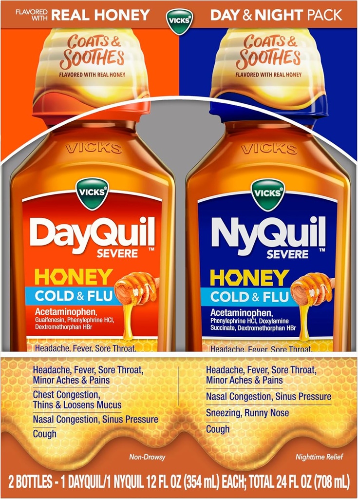 VICKS DayQuil & NyQuil SEVERE Honey Flavor Co- Pack, Cold & Flu Medicin, Relieves Hovedpine, Fever, Sore Hals, Minor Aches & Pains, Nasal Congestion, Sinus Tryk, Stuffy Næse, og Hough, 2x12oz