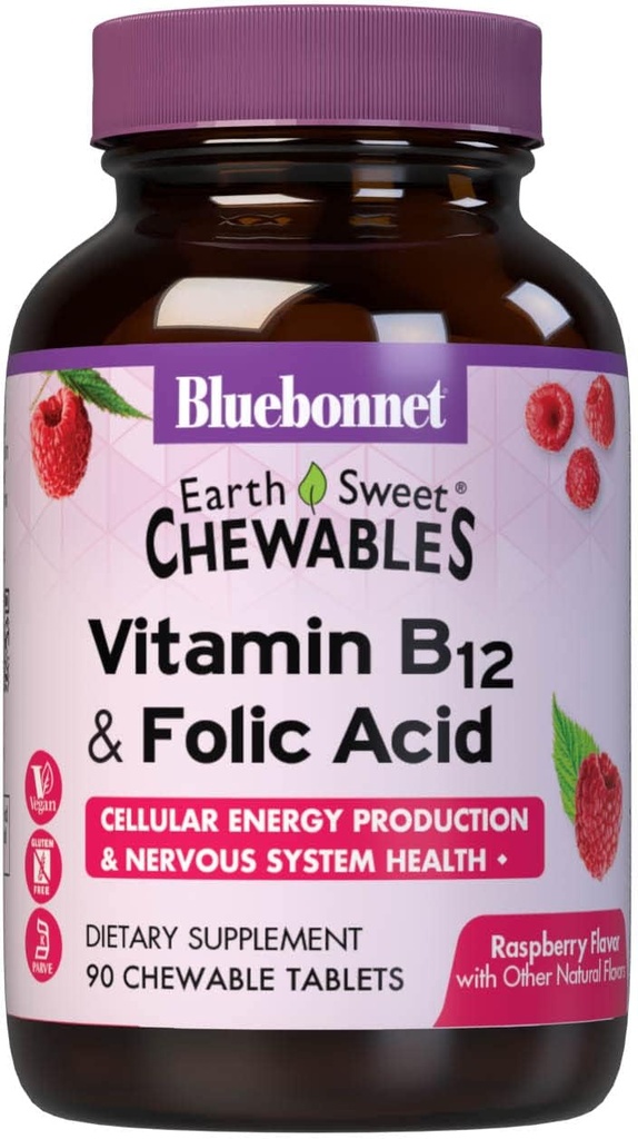 BlueBonnet Nutrition Earth Sweet Vitamin B12 & Folsyre Chewable Tablets, Soy- Free, Gluten- Free, Raspberry 90 Count (pakke af 1)