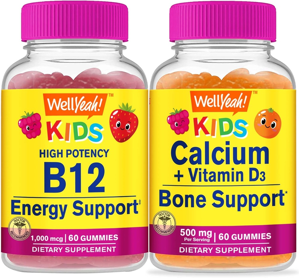 WellYe Vitamin B12 Kids + Calcium + Vitamin D3 Kids, Gummies Bundle - Great Tasting, Vitamin Supplement, Gluten Free, GMO fri, Chewable Gummy