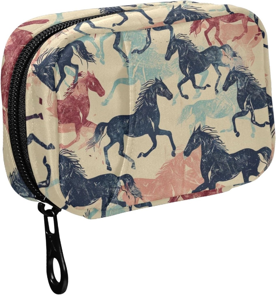Fustylead Retro Farverige Løbehest Silhouette Pill Organizer til purse, Ugentlig Portable Pill Box med lynlås til opbevaring Vitaminer Fisk Olier Medicin Kosttilskud