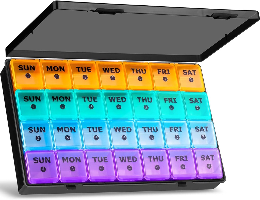 XL Stor Månedlig Pill Organizer 4 uger, 28 dag Pill Organizer Weekly, Big Compartment med rejsetilfælde, 7 dag Pill Dispenser 4 gange om dagen, Medicine Organizer Box for Vitamin, Fish Oil