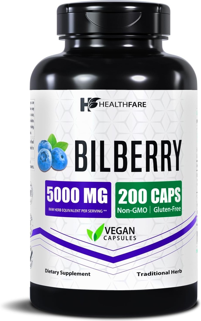 Healthfare Bilberry Supplement for øjne 124; 5000mg Extract øb 124; Vision & Eye Helbreds Support 124; Antioxidant Support 124; 200 Vegan Kapsler Budding 124; Ekstra Styrke Budding 124; Non- GMO, Gluten- Free Budding 124; Lavet i USA