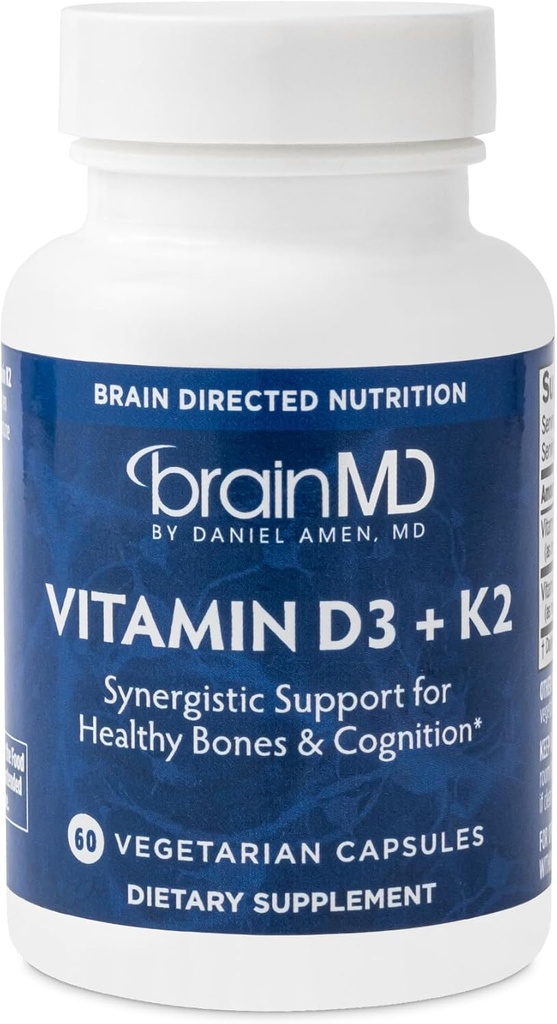 BRAINMD-vitamin D3 + K2- 60 kapsler - Synergistisk støtte til sunde knogler & kognition - Gluten Free - 60 Servere