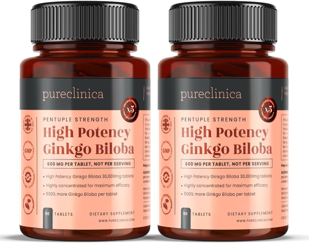pureclinica High Potency Ginkgo Biloba 30,000mg x 180 Tablets (2 Bottles of 90) - 6 Months Supply - 5 Times The Strength of Competitor Products