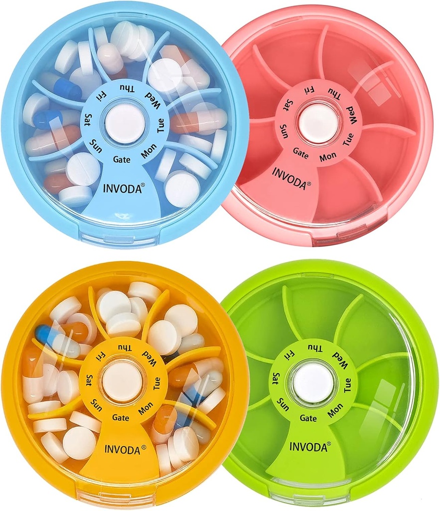 INVODA Weekly Pill Organizer 7 Segment Roterende Pill Box for Daglig Medicin & Vitaminer - Bærbar rejse Pill sag Fish Oil Kosttilskud Vitaminer Organizer (4PCS)
