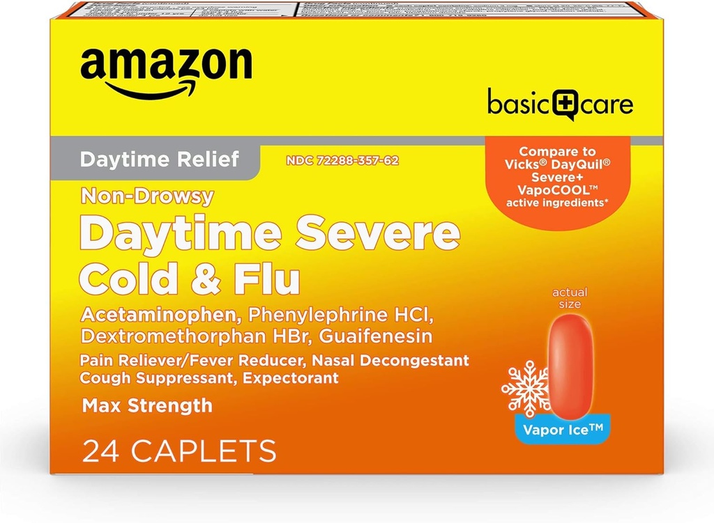 Basic Care Daytime Svær Cold & Flu Relief Caplets, Medicin for Svær Cold og Flu Symptomer som Hovedpine, Feber, Hoste, Bryst & Nasal Congestion, Vapor Ice, 24 Greve