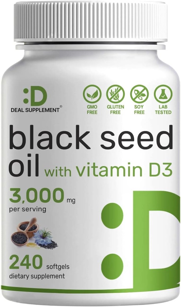 DEAL TILLÆG Black Seed Oil, 240 Softgel - Cold- Pressed Nigella Sativa, naturligt occurring Thymoquinon (TQ) - non-GMO, No Gluten - Black Cumin Seed Liquid Kapsler med vitamin D3