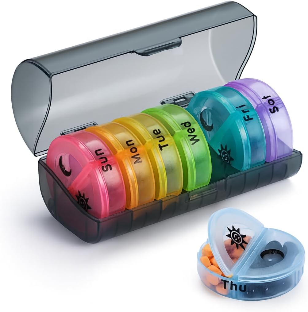 VIGOR PATH 7-Day Pill Organizer med to kompartmenter per dag, Ideel til piller / vitaminer / fiskeolie / kosttilskud opbevaring, BPA- gratis og nem at rengøre (sort - farverige)