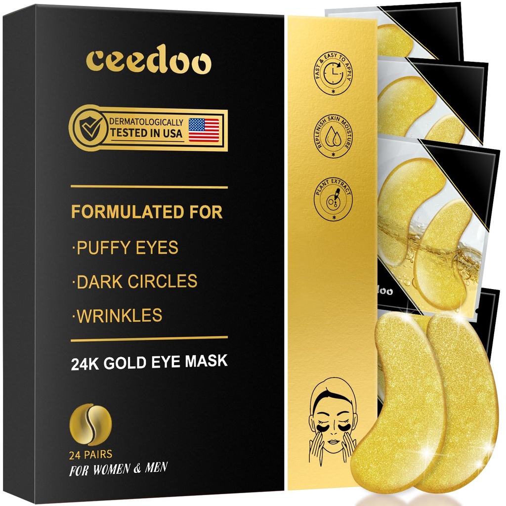 Under Eye Patches - 24 par guld under Eye Mask for Puffy øjne, mørke cirkler, Eye tasker, rynker, Collagen Eye Gels med foryngende behandling, gaver til kvinder