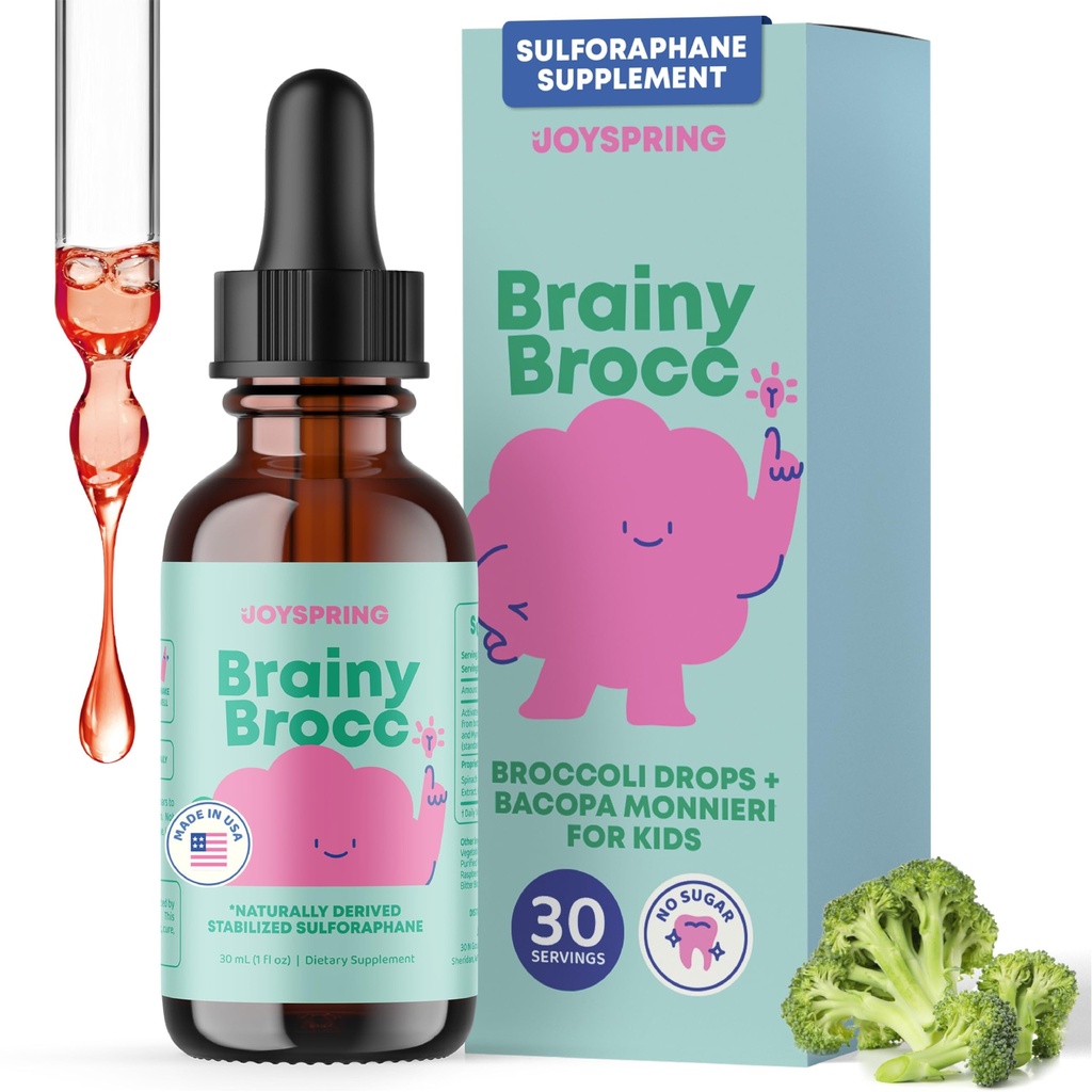 JoySpring Broccoli Supplement for børn er 124; Sulforaphane & Bacopa Monnieri Drops er 124; understøtter kognitiv funktion er 124; Vegan & Kid- Friendly