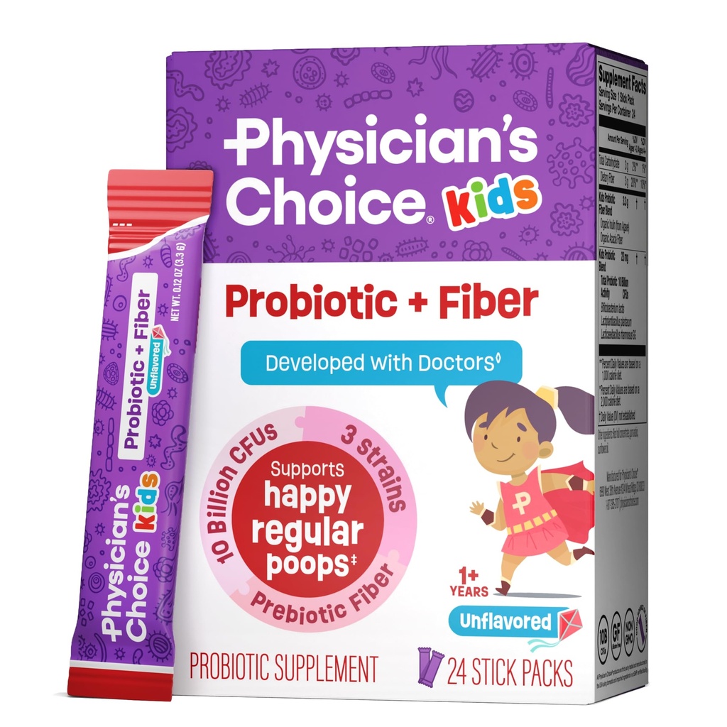 Lægens valg Kids Probiotisk + Prebiotic Fiber Packets (Age 1 +) - Understøtter Regularitet, Lejlighedsvis Forstoppelse & Et sundt fordøjelsessystem - Ingen Allergener eller Præservativer - Ikke aromatiseret - 24 Pack