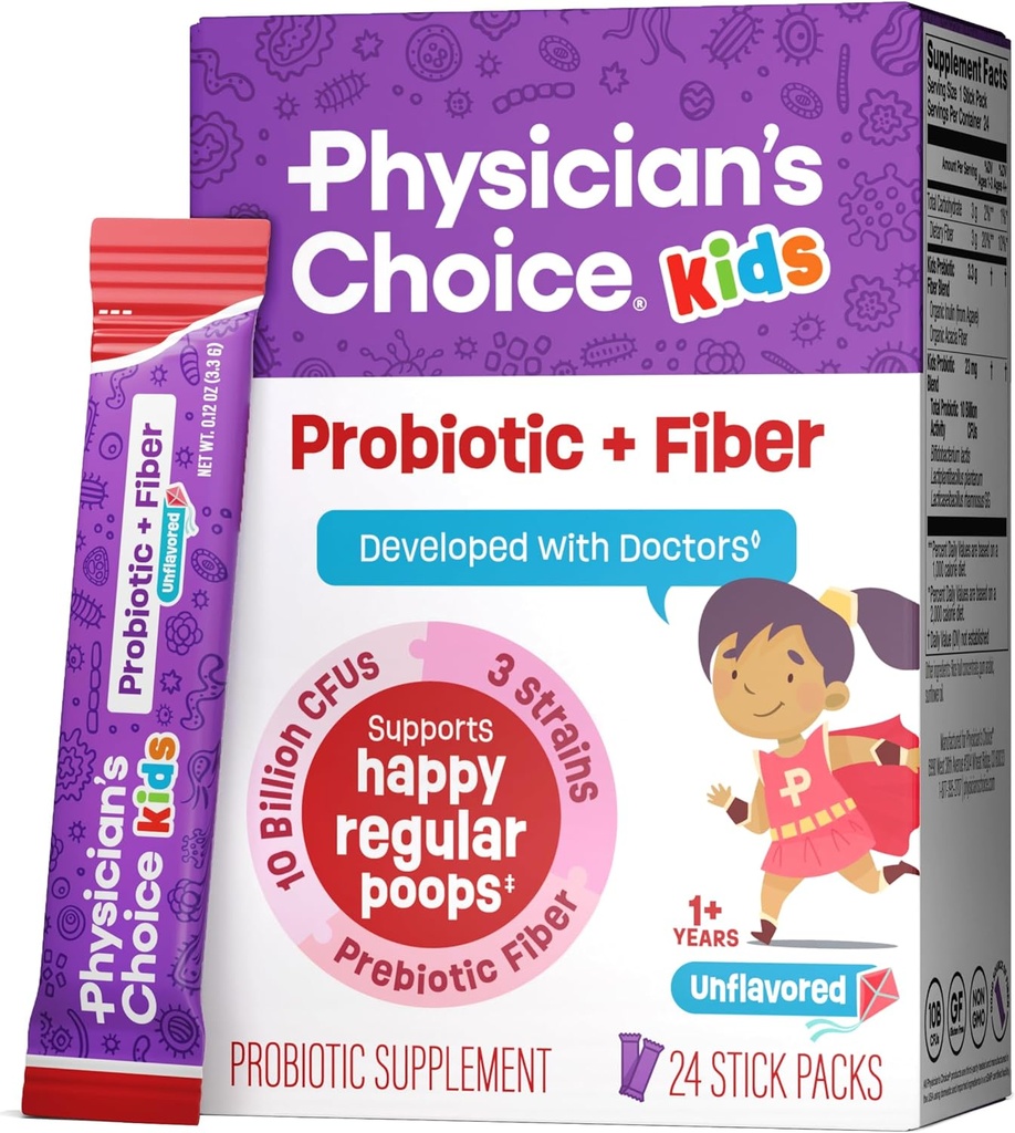 Physician's Choice Kids Probiotic + Prebiotic Fiber Packets (Ages 1+) - Supports Regularity, Occasional Constipation & A Healthy Digestive System - No Allergens or Preservatives - Unflavored - 24 Pack