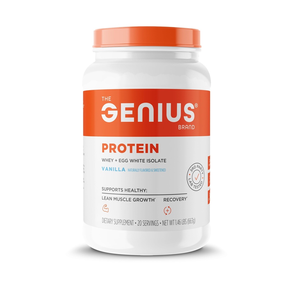 Genius Protein Powder, Vanilla - Dual Protein Blend med forbedret Whey Isolate & Natural Egg White for Lean Muscle Building for Mænd & Kvinder - Grass- Fed Pre & Post Workout Meal udskiftning Shake