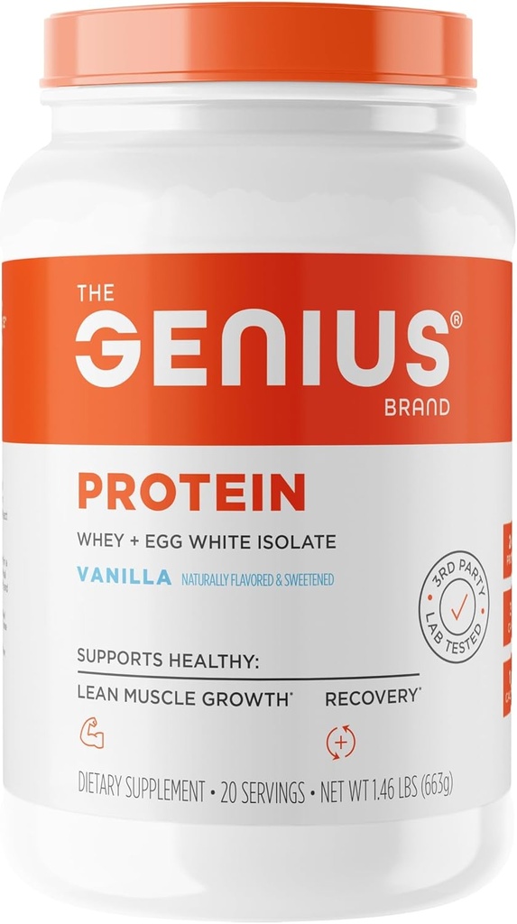 Genius Protein Powder, Vanilla - Dual Protein Blend med forbedret Whey Isolate & Natural Egg White for Lean Muscle Building for Mænd & Kvinder - Grass- Fed Pre & Post Workout Meal udskiftning Shake
