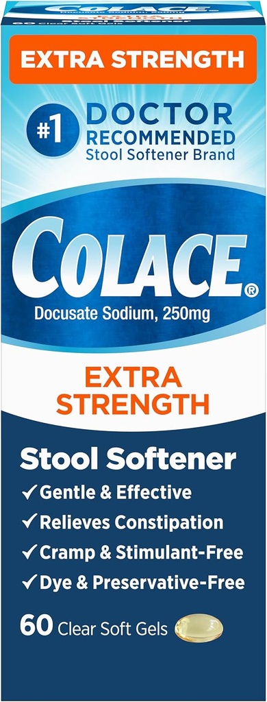 Colace ekstra styrke afføring blødgøringsmiddel for genert effektiv Forstoppelse Relief, # 1 Doctor Anbefalet afføring blødgøringsmiddel mærke, 250 mg Docusat kapsler, 60 greve (pakke med 1)