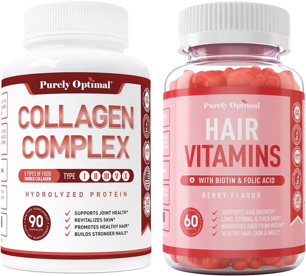 Helt Optimal Premium Multi Collagen Peptider Kapsler (type I, II, III, V, X) + Premium Hår Vitamin Supplement- Gummy Vitamin w / Biotin, Folinsyre, Vitamin A & D