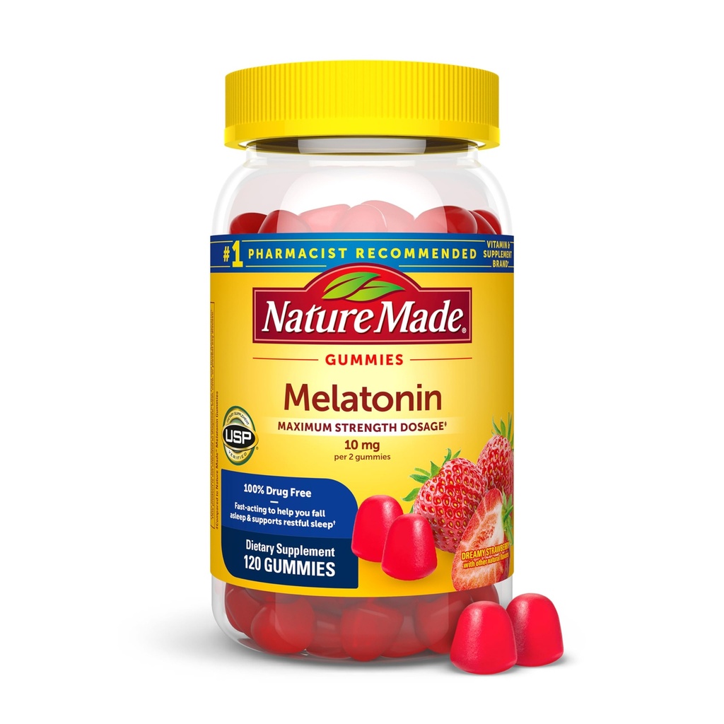 Nature Made Melatonin 10 mg per servering Gummies, Sleep Gummies for voksne maksimal styrke Dosering, 100% narkotika gratis sovehjælp, 120 Greve, 60 dages forsyning
