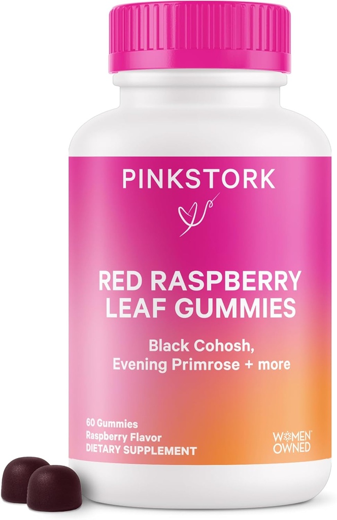 Pink Stork Red Raspberry Leaf Gummies - Tredje Trimester Labor Prep + Postpartum Mood Essentials med Aften Primrose Oil + Black Cohosh - 60 Vegansk Gummy Kosttilskud, Non- GMO