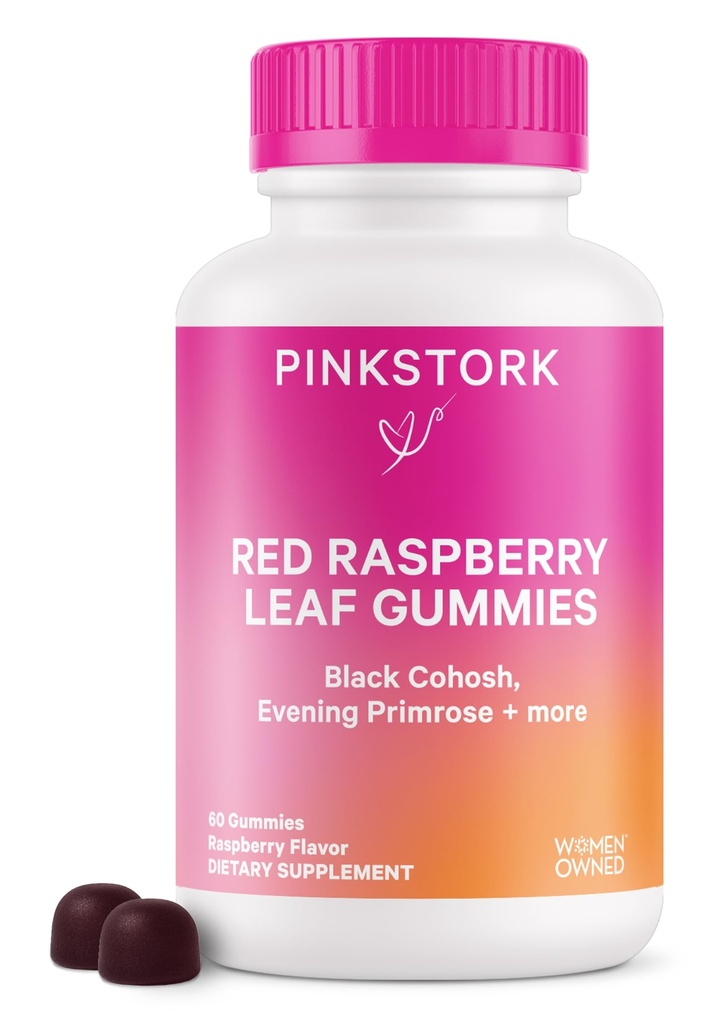 Pink Stork Red Raspberry Leaf Gummies - Tredje Trimester Labor Prep + Postpartum Mood Essentials med Aften Primrose Oil + Black Cohosh - 60 Vegansk Gummy Kosttilskud, Non- GMO