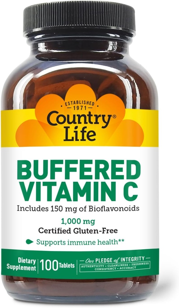 Country Life Buffered Vitamin C 1000mg med Bioflavonoider, Calcium, Magnesium, Kalium - immunforsvar, Vegankapsler, Glutenfri, Tænde på Mave - 100 tabletter