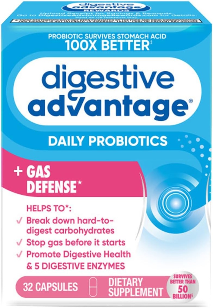 Digestive Advantage Fast Acting Enzymes + Daily Probiotic Prevent Gas & Break Down Food Particles 32 Count Capsules