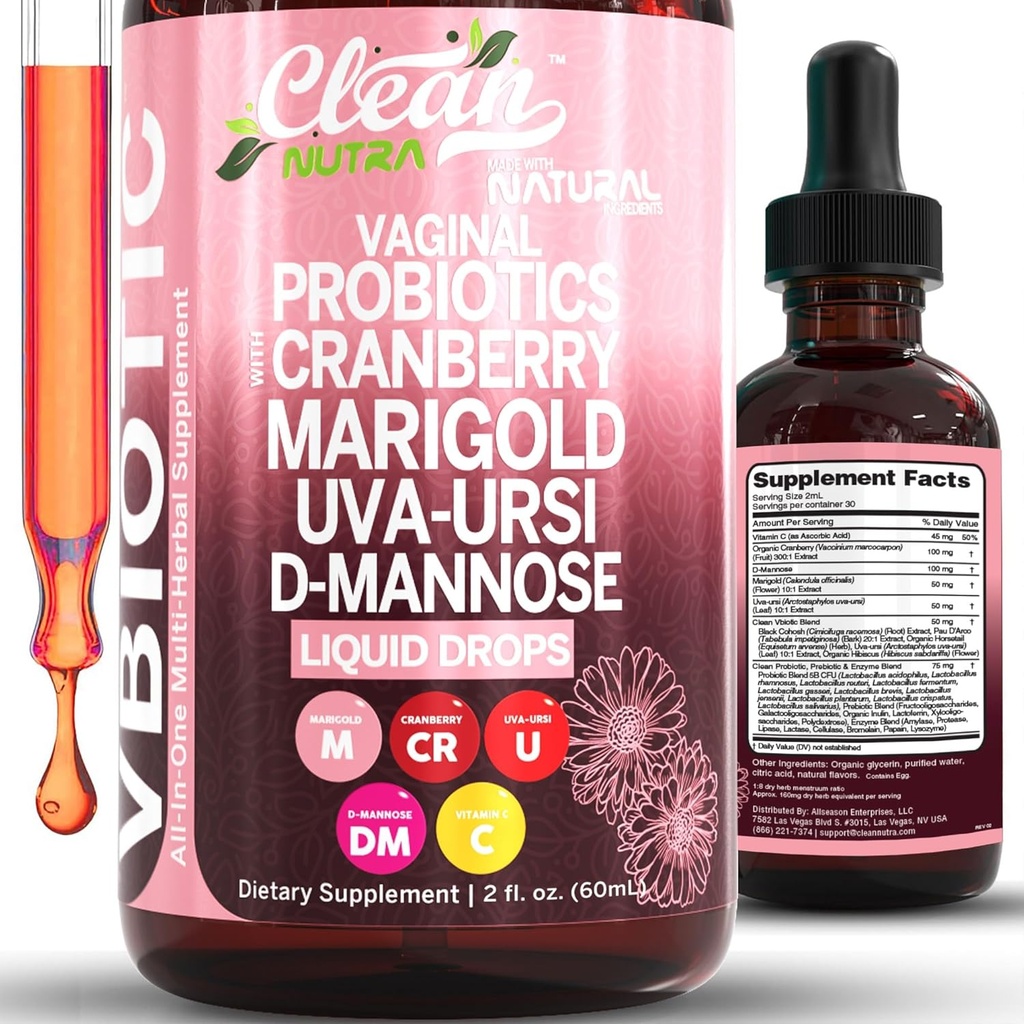 Clean Nutraceuticals VBiotic Vaginal Probiotic for Women Liquid Drops | Cranberry Uva Ursi Horsetail D-Mannose Prebiotics Marigold & Black Cohosh Vaginal Health Supplement | pH Balance