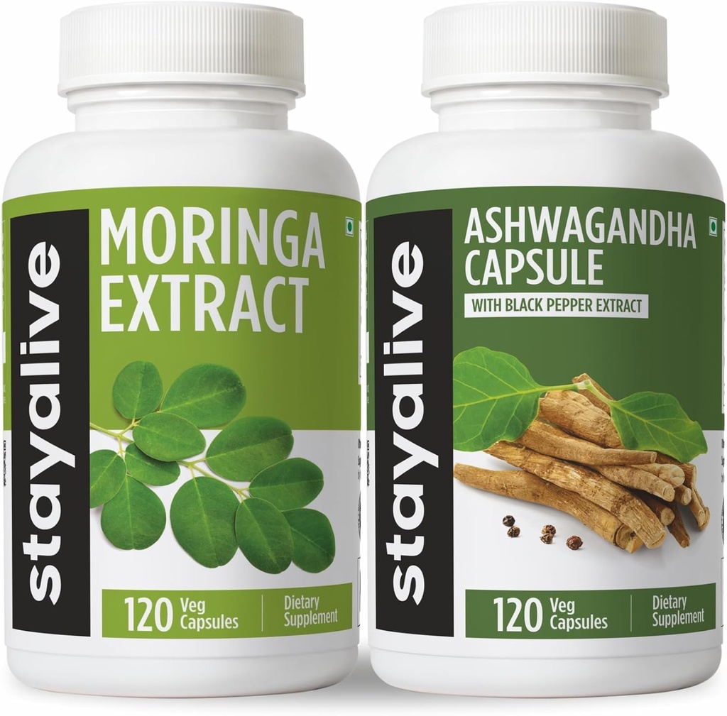 Stay ALIVE Moringa og Ashwagandha Bundle w / Black Pepper Extract, 240 Vegan Pills, Non- GMO & Gluten Free Ashwagandha Moringa Supplement 2 Pack