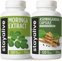 Stay ALIVE Moringa og Ashwagandha Bundle w / Black Pepper Extract, 240 Vegan Pills, Non- GMO & Gluten Free Ashwagandha Moringa Supplement 2 Pack