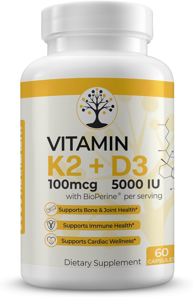 D3- vitamin K2 tillæg, 5000 IE - understøtter immun- og hjertewellness, høj potens, Gluten Free, 60 kapsler