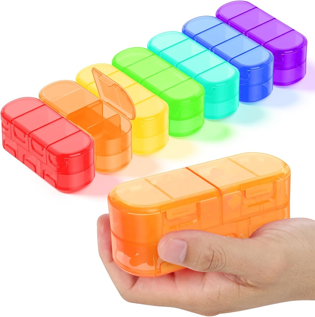 Familie Pack Weekly (7 dage) Travel Pill Organizer, 2 / 3 / 4 gange om dagen, Double- Sidet Åbning Design, Portable Pill Box til opbevaring Medicin / Vitaminer / fiskeolier (7 Rainbow Variable Grids)