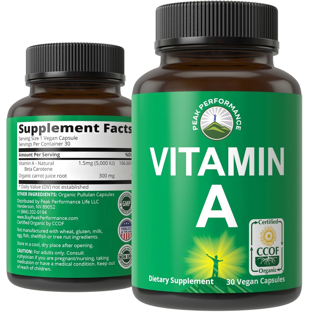 Certificeret Økologisk Vitamin A 5000 IE tillæg Kapsler High Potency Vitamin. Lavet med Økologisk Gulerod Juice. Godt for immunforsvar, hud, øjenstøtte. Ikke-GMO 'er, veganske piller