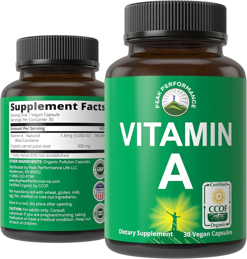 Certified Organic Vitamin A 5000 IU Supplement Capsules High Potency Vitamins. for Adults, Men, Women, Kids. Made with Organic Carrot Juice. Great for Immune, Skin, Eye Support. Non GMO, Vegan Pills
