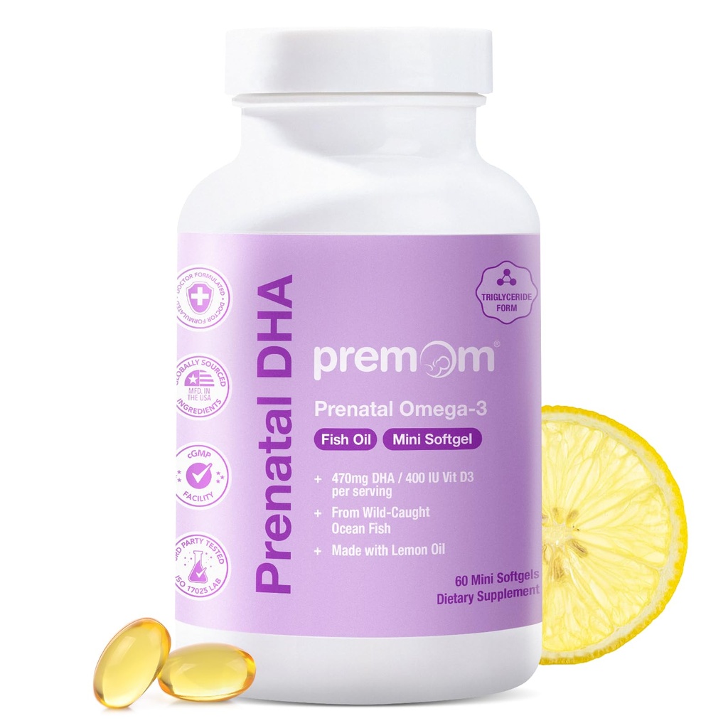 Premom Prenatal DHA Fish Oil: Triglycerid Omega 3 med 470mg DHA, 200mg EPA + 400 IE VIT D3 Supplement - Fertility Support for Women - Globalt Sourced from Wild Caught Fish
