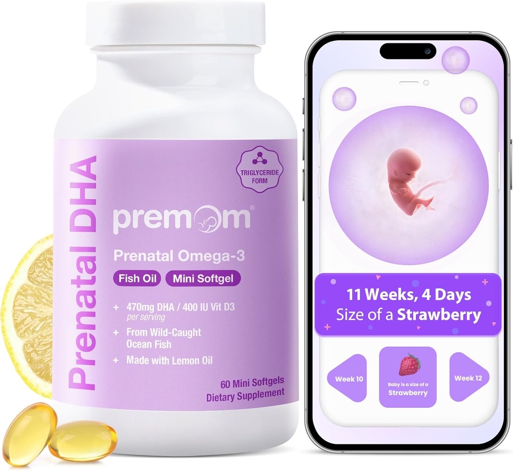 Premom Prenatal DHA Fish Oil: Triglycerid Omega 3 med 470mg DHA, 200mg EPA + 400 IE VIT D3 Supplement - Fertility Support for Women - Globalt Sourced from Wild Caught Fish