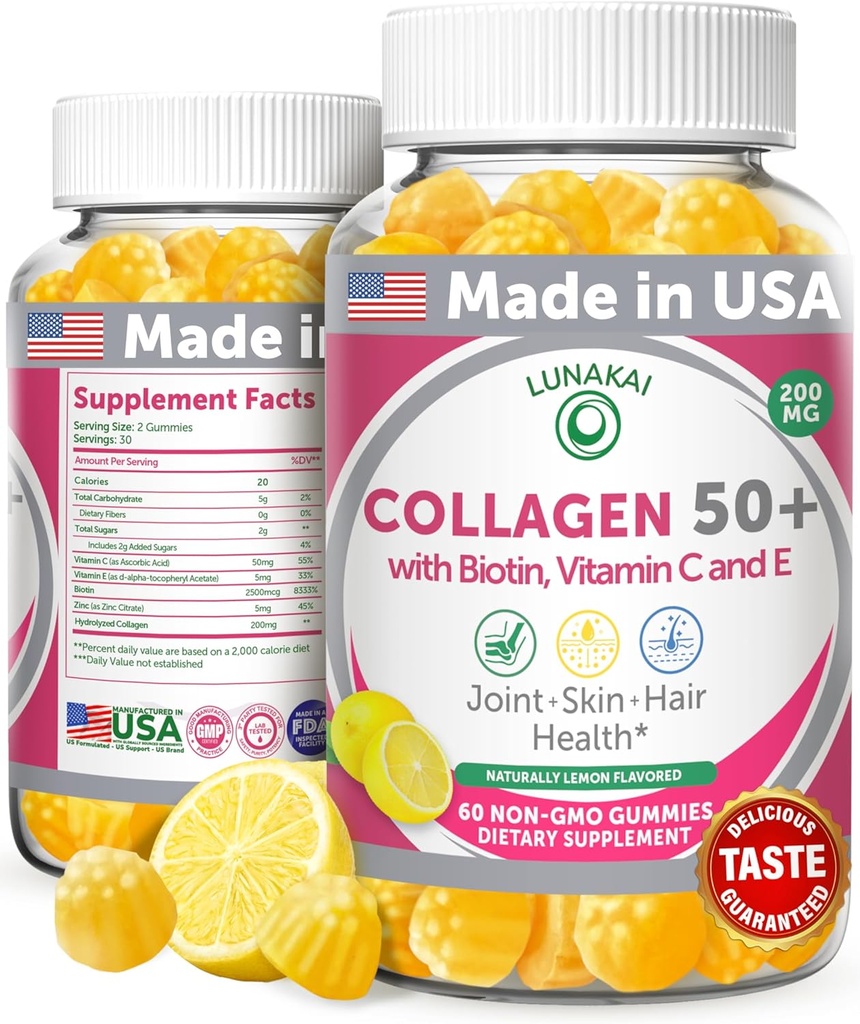 Lunakai USA Made Collagen Gummies for kvinder og mænd Over 50, Biotin & C-vitamin, Understøtter hud elasticitet, hår & negle Styrke, fælles støtte, 60ct