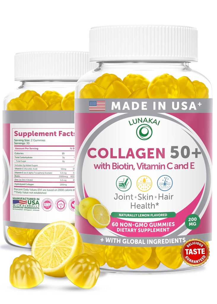 Lunakai USA Made Collagen Gummies for kvinder og mænd Over 50, Biotin & C-vitamin, Understøtter hud elasticitet, hår & negle Styrke, fælles støtte, 60ct