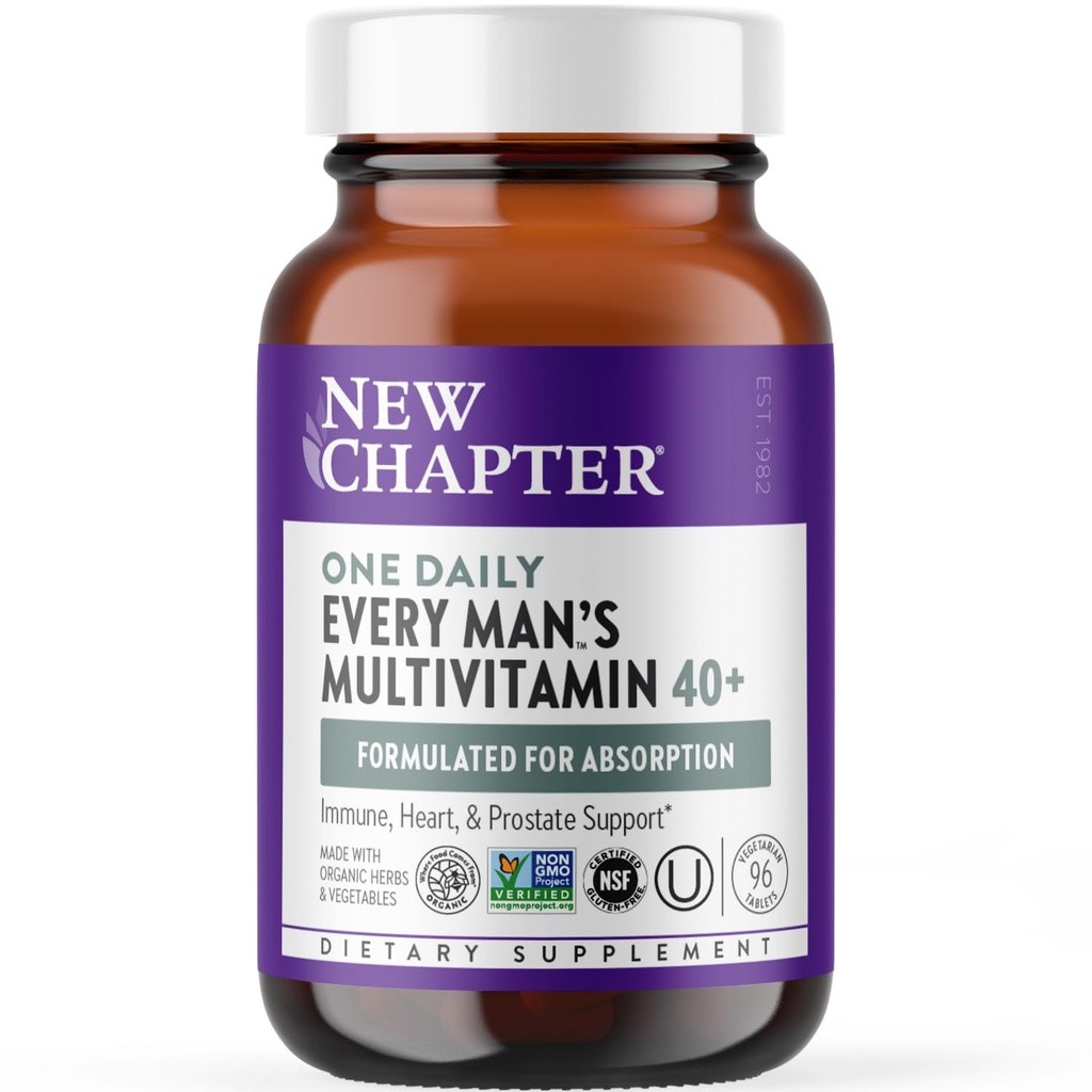 Nyt kapitel Mænds Multivitamin 40 Plus til energi, hjerte, prostata + immunforsvar med fermenterede næringsstoffer - Hver mands én daglig 40 +, Lavet med økologiske grøntsager & urter, Non- GMO - 96 ct