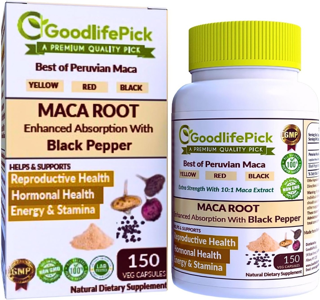 Peruvian Maca Root Capsules 150 ct. Kraftfuld Maca Blend af gul rød & sort Maca Root med sort peber. Alle naturlige nonGMO Vegan ingen stearate ingen ris pulver ingen silica ingen Fylder