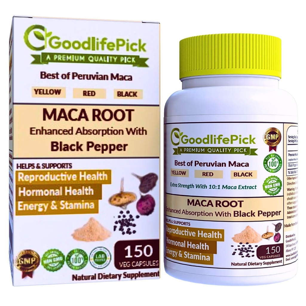 Peruvian Maca Root Capsules 150 ct. Kraftfuld Maca Blend af gul rød & sort Maca Root med sort peber. Alle naturlige nonGMO Vegan ingen stearate ingen ris pulver ingen silica ingen Fylder